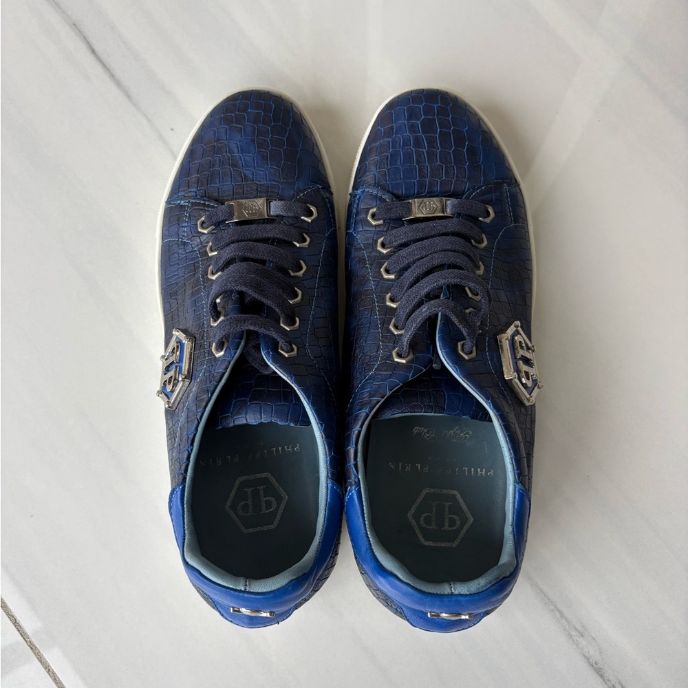 PHILIPP PLEIN Blue Crocodile Leather Print Lo-Top Sneaker Luxury Designer - Picture 7 of 11